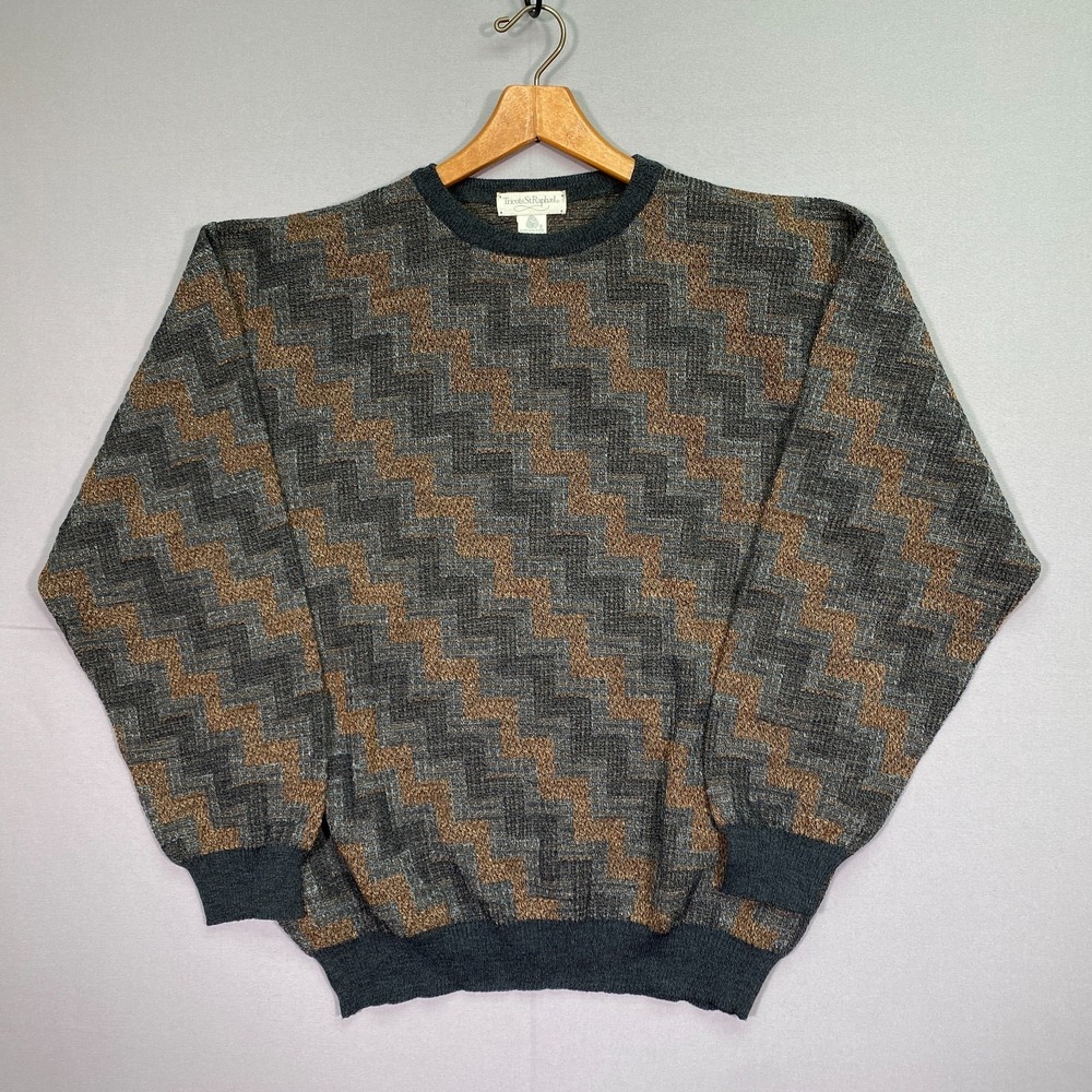 Tricots St Raphael Mens XL 3D Knit Sweater Multi Color Zig Zag Merino Wool